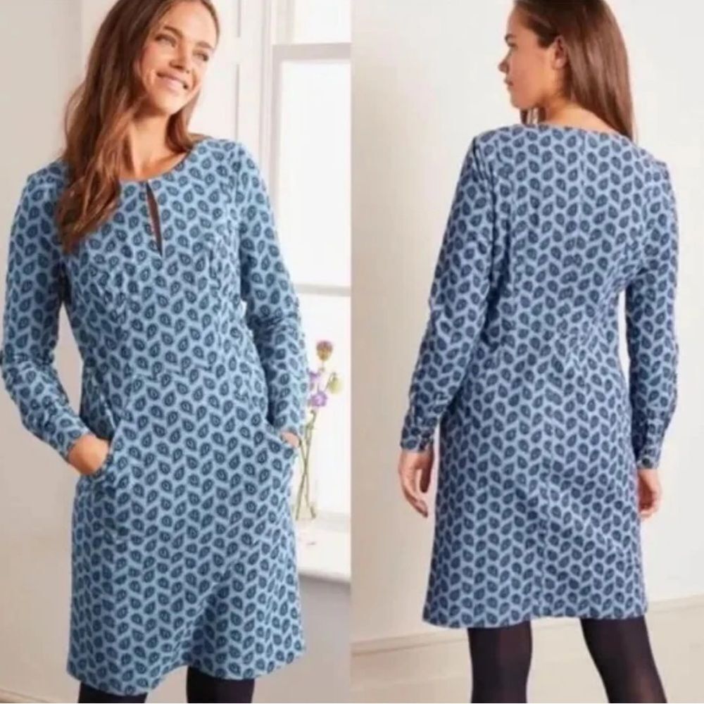 Boden Blue Navy Teardrop Paisley Soft Corduroy Pocket Front Shift Mini Dress
